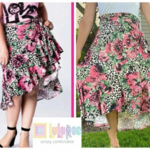 LuLaRoe Leopard Print Floral Bella Wrap Ruffle Skirt Roses Flowers Size Large L